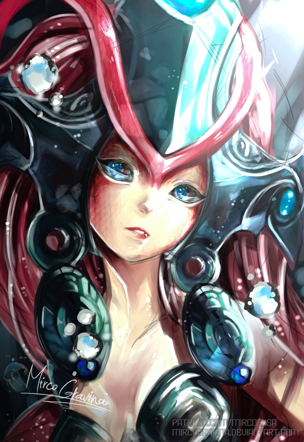 1girl anthro blue_eyes koi league_of_legends lol mermaid mirco_gravina mircoelisa nami open_mouth pink skin solo tagme watermark