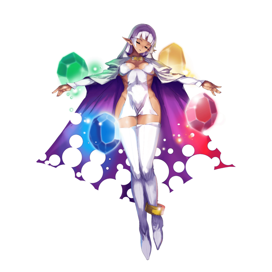 arcana_heart arcana_heart_2 artist_request breasts cape cleavage closed_eyes covered_nipples dark_skin elf gem large_breasts long_hair no_bra no_panties official_art parace_l'sia pointy_ears sky smile solo thighhighs torn_cape white_hair white_legwear