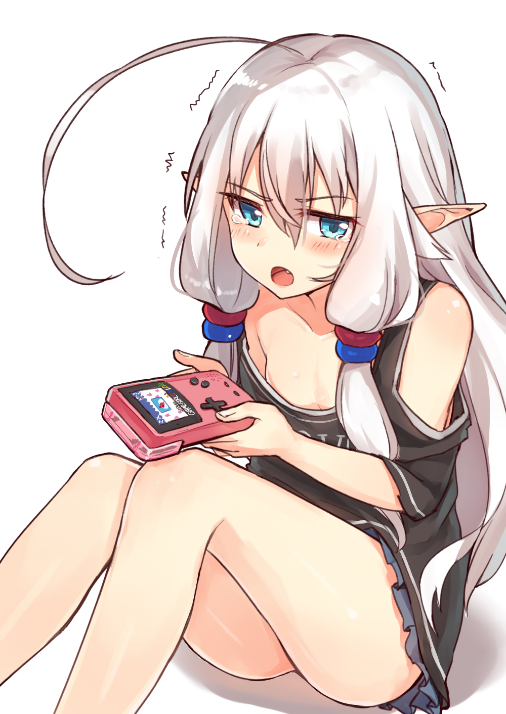 :o ahoge bare_legs blue_eyes blush breasts collarbone commentary_request fang game_boy_color grey_skirt hair_tubes handheld_game_console highres long_hair looking_at_viewer off_shoulder open_mouth original pointy_ears ruma_imaginary shoulder_cutout sidelocks sitting skirt small_breasts solo tearing_up tears thighs trembling v-shaped_eyebrows white_hair
