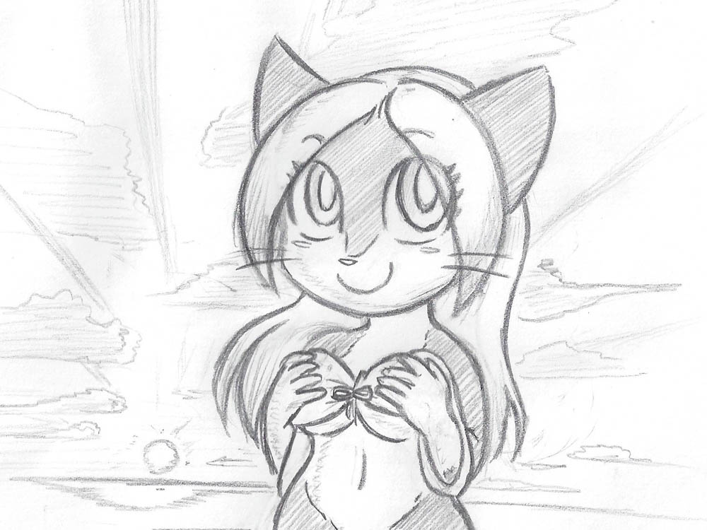 anthro bikini bittersweet_candy_bowl breasts cat clothing covering covering_breasts covering_self epilepticgerbil feline female fur hair jasmine_(bcb) looking_at_viewer mammal simple_background sketch smile swimsuit teenager webcomic young
