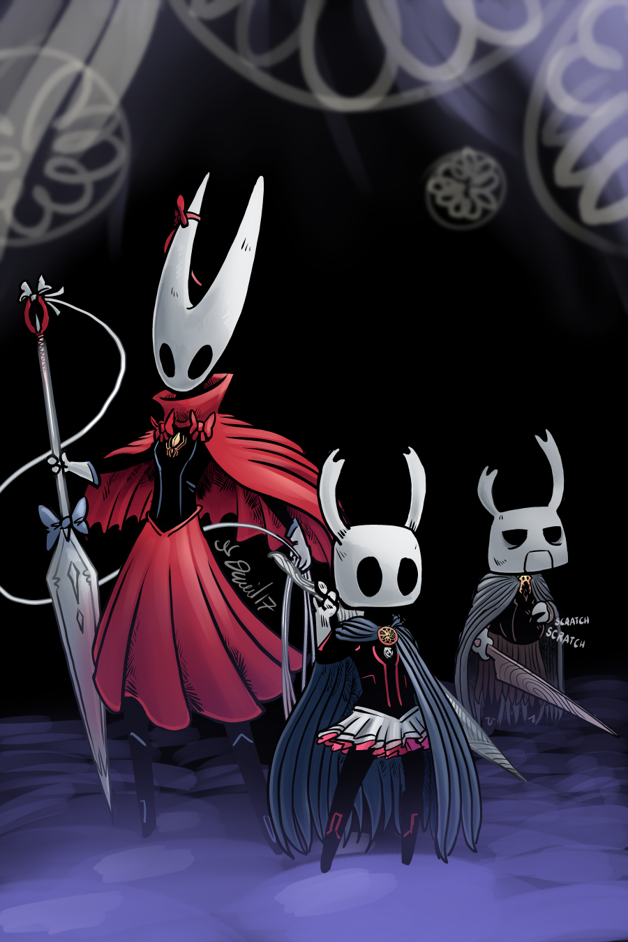 ambiguous_gender arachnid arthropod cloak clothing english_text female group half-closed_eyes hollow_knight hollow_knight_(species) hornet_(hollow_knight) melee_weapon onomatopoeia p5ych protagonist_(hollow_knight) ribbons skirt sound_effects spider text weapon zote_(hollow_knight)