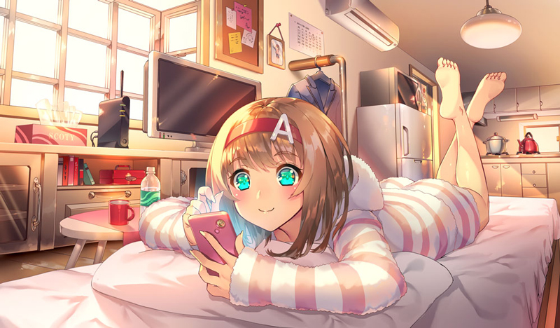 advantiar aguy aqua_eyes ass bangs barefoot bed blush book bottle box brown_hair bulletin_board cabinet calendar_(object) ceiling_light cellphone character_request coffee_mug cup eyebrows_visible_through_hair feet feet_up hairband holding holding_phone hood hood_down indoors jacket jacket_removed kettle long_sleeves looking_at_phone lying md5_mismatch microwave mug no_pants on_bed on_stomach phone picture_(object) pillow pot refrigerator router short_hair sleeves_past_wrists smartphone smile soles solo striped_hoodie sunlight table television the_pose tissue_box water_bottle window