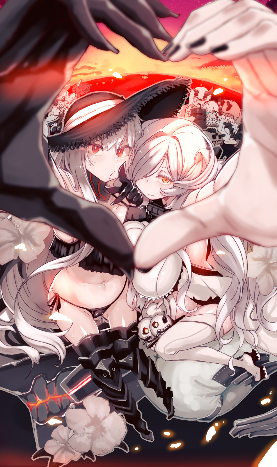 aircraft_carrier_oni aircraft_carrier_summer_oni bad_perspective black_hat black_nails blue_eyes braid breasts foreshortening french_battleship_hime gauntlets glasses hair_over_one_eye hair_scarf hat headphones heart heart_hands heart_hands_duo heavy_cruiser_hime heavy_cruiser_summer_hime highres horns huge_breasts kantai_collection long_hair multiple_girls nail_polish red_eyes seaport_summer_hime shimetta_seiya shinkaisei-kan short_hair single_braid supply_depot_hime supply_depot_summer_hime thighhighs white_hair white_legwear