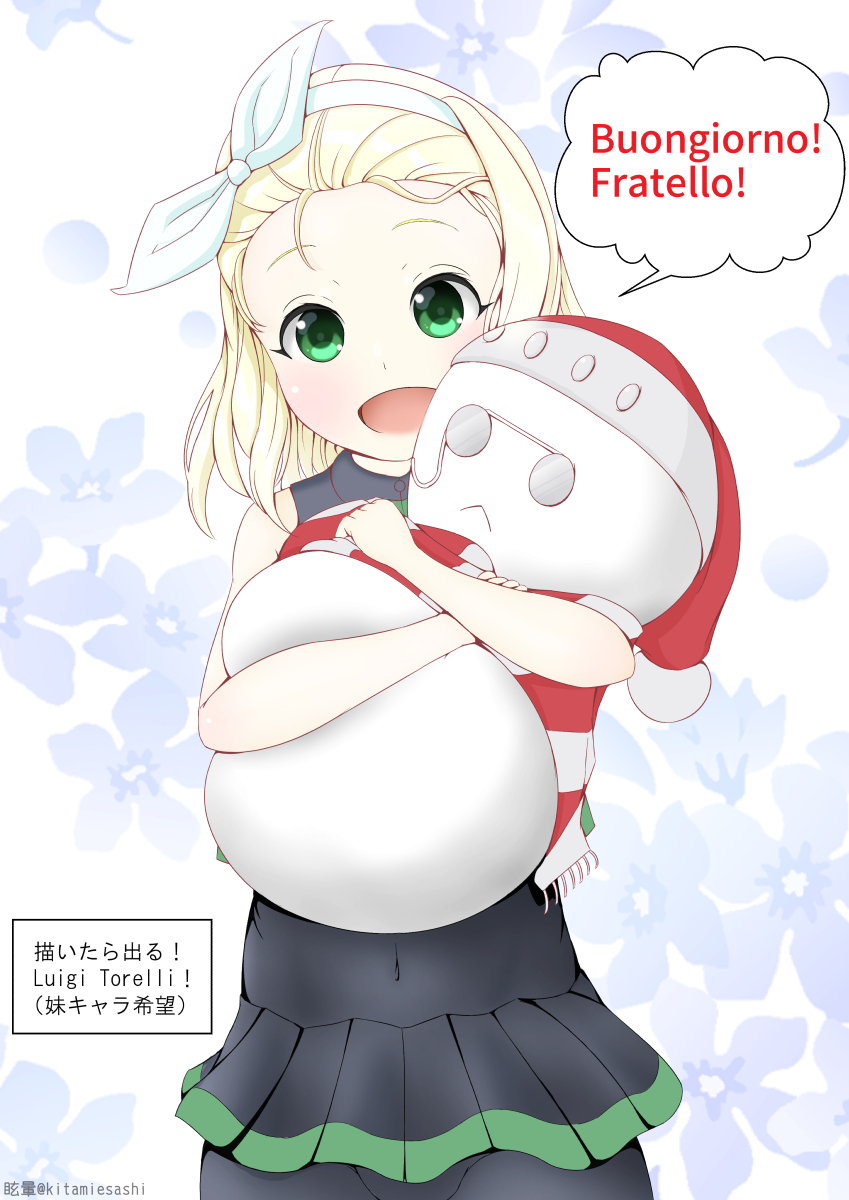 :&lt; :d artist_name blonde_hair green_eyes hat headband highres italian kantai_collection looking_at_viewer luigi_torelli_(kantai_collection) memai_(kitamiesashi) open_mouth partially_translated santa_hat smile snowman solo the_roma-like_snowman translation_request twitter_username