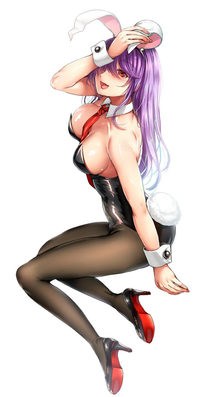 1girl animal_ears bare_arms bare_shoulders black_legwear black_leotard black_shoes breasts bunny_ears bunny_tail bunnysuit cleavage detached_collar fake_animal_ears full_body hair_over_one_eye high_heels highres leotard long_hair looking_at_viewer medium_breasts open_mouth pantyhose purple_hair red_eyes reisen_udongein_inaba shoes sideboob simple_background smile solo tail touhou tsukiriran white_background wrist_cuffs