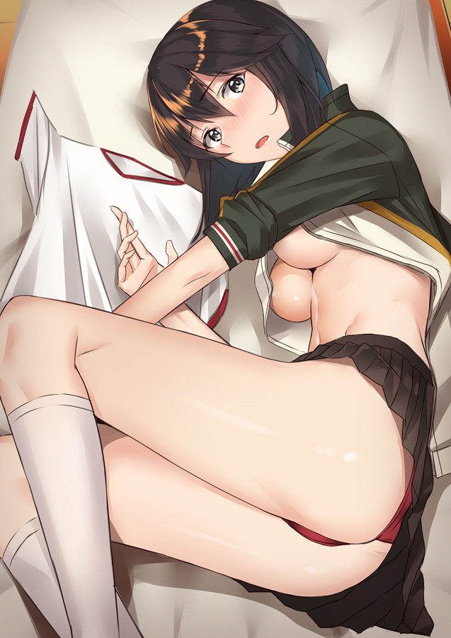 1girl :o ass bangs bed black_eyes black_hair black_skirt blush breasts commentary_request green_jacket groin gym_shirt gym_uniform hayasui_(kantai_collection) head_tilt indoors jacket kantai_collection kneehighs long_sleeves looking_at_viewer lying medium_breasts miniskirt navel no_bra nose_blush on_bed on_side open_clothes open_jacket open_mouth pallad panties pleated_skirt red_panties shirt short_hair sidelocks skirt sleeves_pushed_up solo stomach thighs track_jacket underwear white_legwear white_shirt