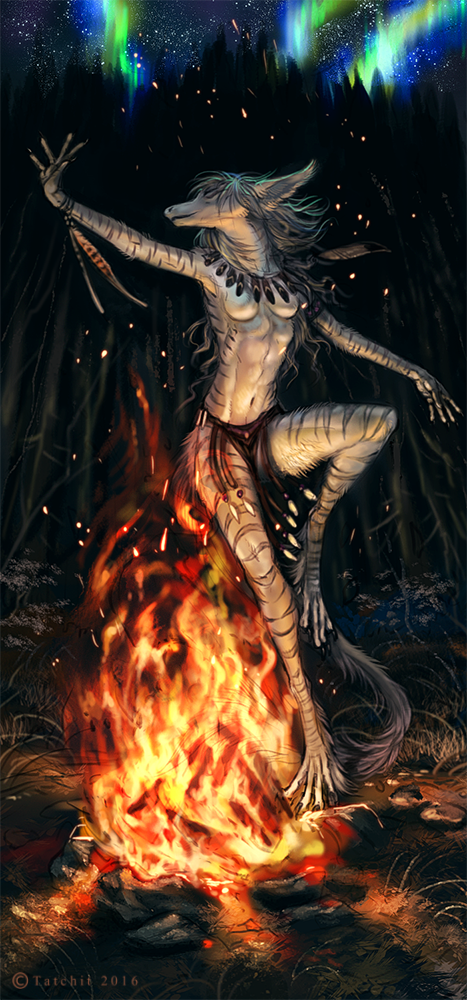 anthro breasts clothed clothing detailed_background eyes_closed featureless_breasts fire grey_hair hair navel night outside sky solo star starry_sky tatchit topless unknown_species