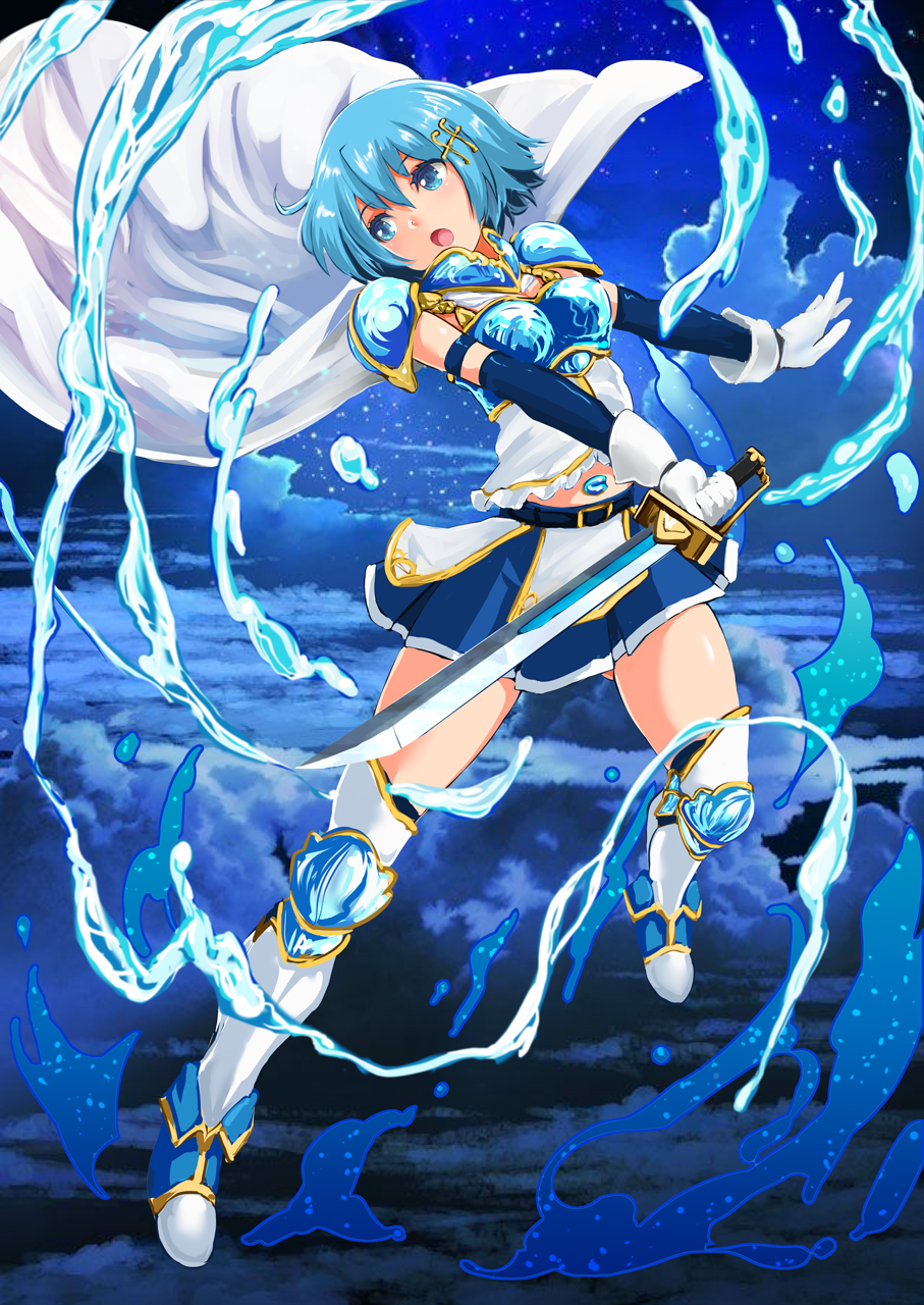 adapted_costume armor blue_eyes blue_hair cape fortissimo fortissimo_hair_ornament gloves granblue_fantasy greaves hair_ornament highres magical_girl mahou_shoujo_madoka_magica mahou_shoujo_madoka_magica_movie miki_sayaka parody pauldrons saber_(weapon) short_hair solo soul_gem sword thighs water weapon yamasan_(hachiman)