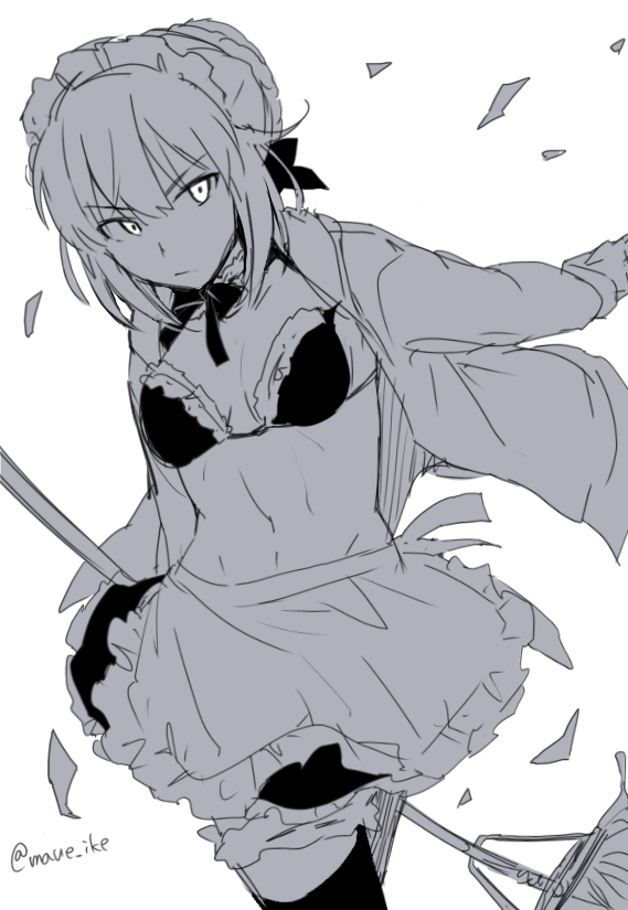 alternate_costume apron artoria_pendragon_(all) artoria_pendragon_(swimsuit_rider_alter) bikini_top braid breasts broom commentary_request cowboy_shot detached_collar fate/grand_order fate/stay_night fate_(series) french_braid frilled_skirt frills greyscale hair_between_eyes hair_ribbon hood hoodie ikeshita_moyuko maid_apron maid_headdress monochrome navel open_clothes open_hoodie ribbon skirt small_breasts solo thighhighs twitter_username white_background