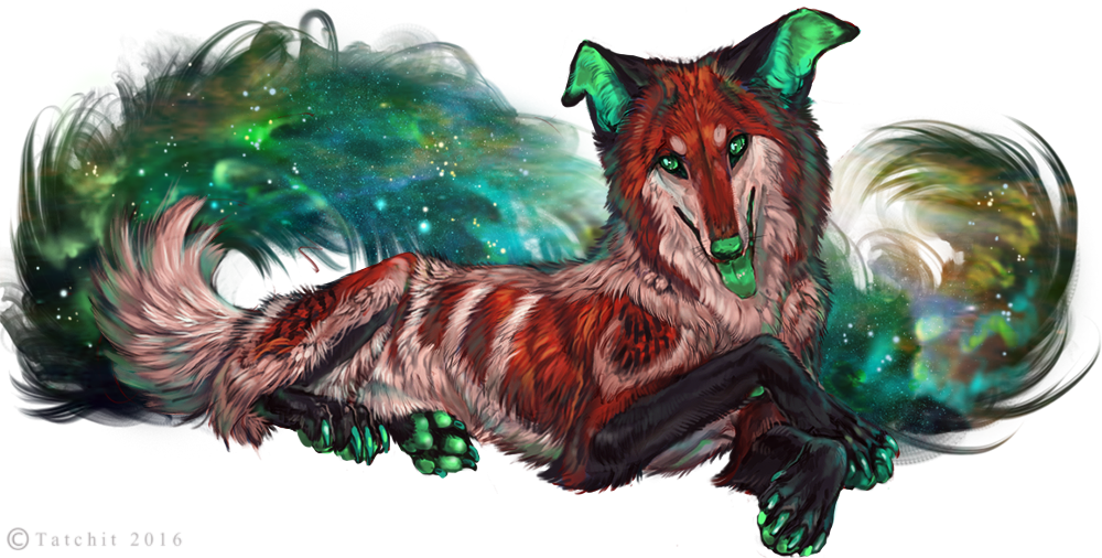 4_toes ambiguous_gender brown_fur canine cosmic_hair feral fur green_eyes green_pawpads lying mammal pawpads paws solo tatchit toes