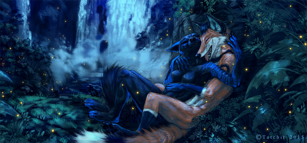 2015 black_nose breasts canine detailed_background dog duo eyes_closed female forest fox grass male mammal night open_mouth outside smile tatchit teeth tongue tree waterfall