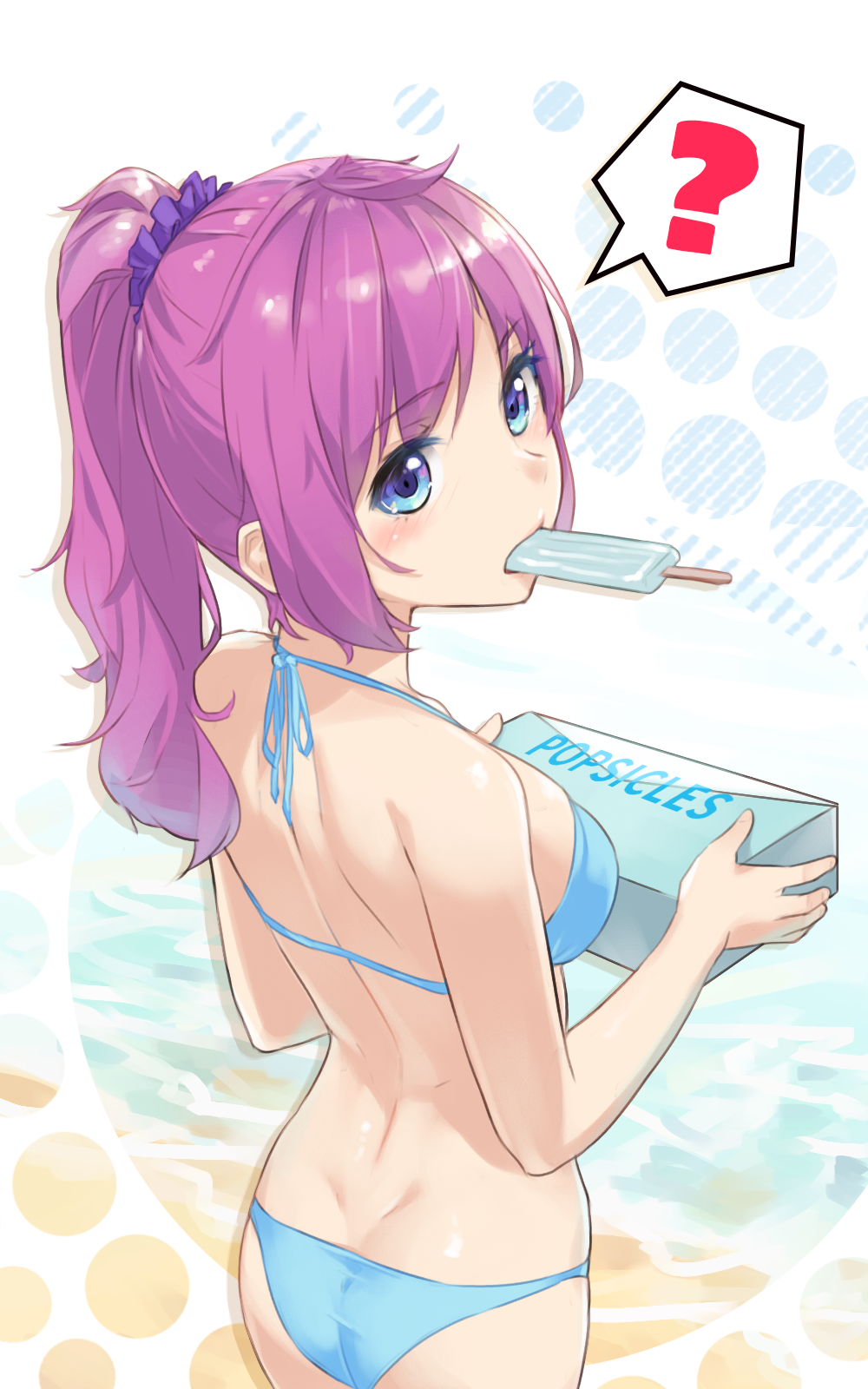 ? ass bangs bikini blue_bikini blue_eyes blush box cowboy_shot dimples_of_venus food from_behind hair_ornament hair_scrunchie halter_top halterneck highres holding holding_box huai_diao_me long_hair looking_at_viewer looking_back mouth_hold ocean original ponytail popsicle purple_hair purple_scrunchie scrunchie shoulder_blades sidelocks solo spoken_question_mark swimsuit wavy_hair wet.elephant