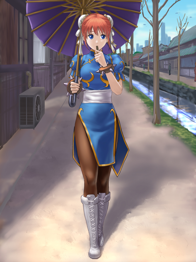 air_conditioner architecture bare_tree blue_eyes blue_sky boots bracelet bun_cover china_dress chinese_clothes chun-li chun-li_(cosplay) cosplay day double_bun dress east_asian_architecture gintama ho_den_keiji jewelry kagura_(gintama) looking_at_viewer outdoors pantyhose parasol purple_umbrella red_hair reflection sky solo_focus spiked_bracelet spikes street_fighter tree umbrella water white_footwear