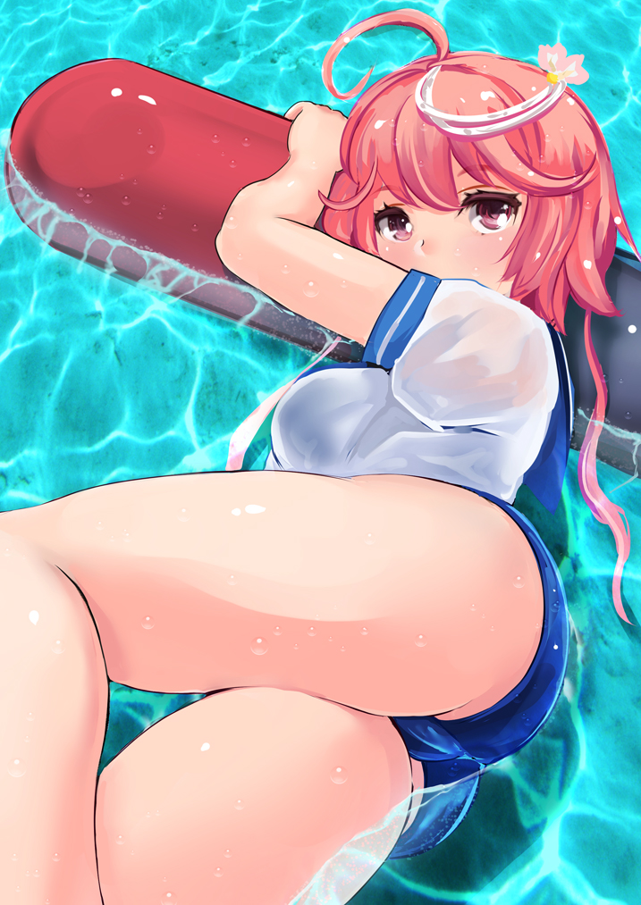 ass breasts hair_ornament i-58_(kantai_collection) kantai_collection looking_at_viewer lying medium_breasts neckerchief on_side one-piece_swimsuit pink_eyes pink_hair school_swimsuit school_uniform serafuku short_hair solo swimsuit swimsuit_under_clothes torpedo water yamasan_(hachiman)