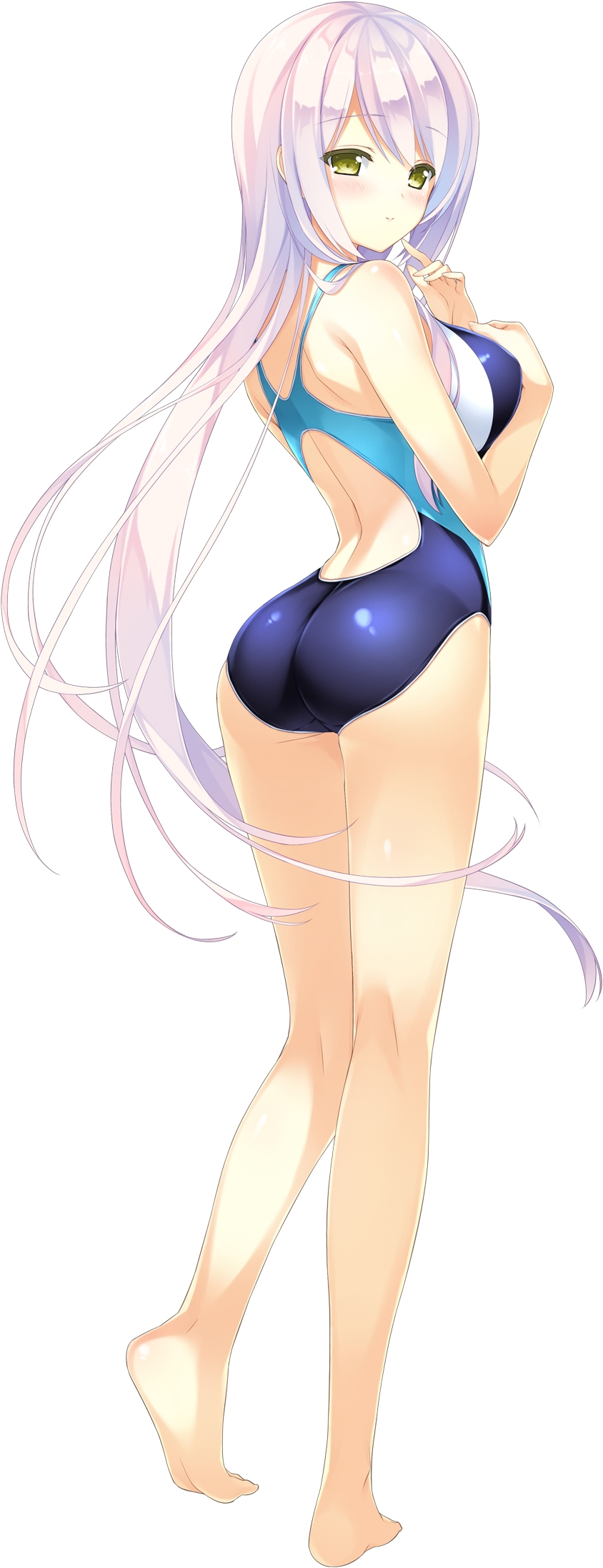 ashishun ass barefoot blush competition_swimsuit full_body green_eyes highres kuryuu_mashiro long_hair looking_at_viewer official_art one-piece_swimsuit pink_hair primal_hearts_2 simple_background smile solo standing swimsuit white_background