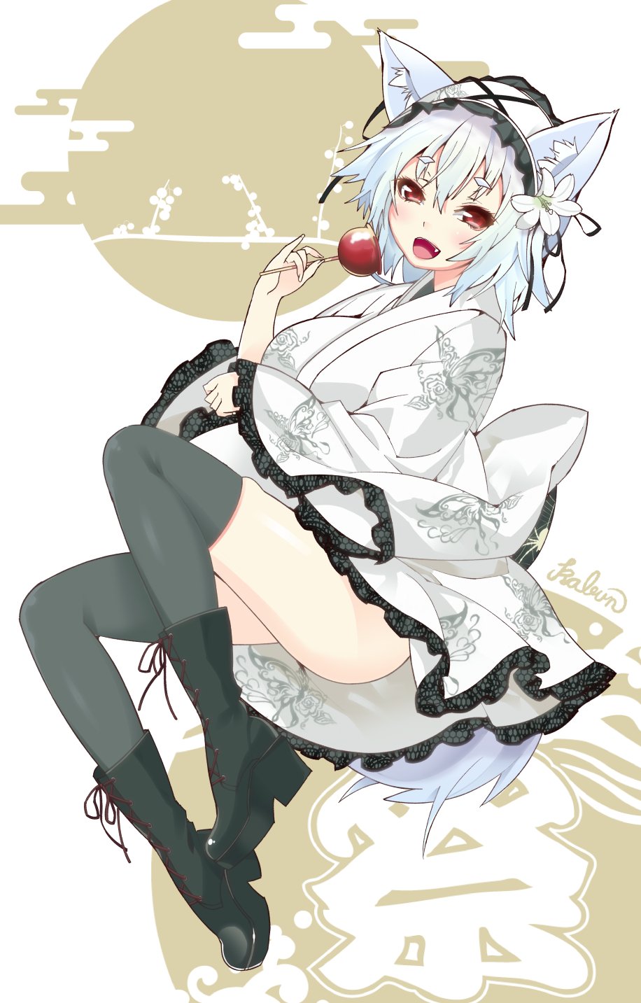 1girl animal_ears animal_print artist_name black_boots black_legwear boots butterfly_print candy_apple cross-laced_footwear eyebrows_visible_through_hair fang food full_body hairband highres holding inubashiri_momiji kabun_(suzuna_jct) lace-up_boots lolita_hairband looking_at_viewer open_mouth over-kneehighs red_eyes skindentation smile solo thick_eyebrows thighhighs touhou white_background white_hair wide_sleeves wolf_ears