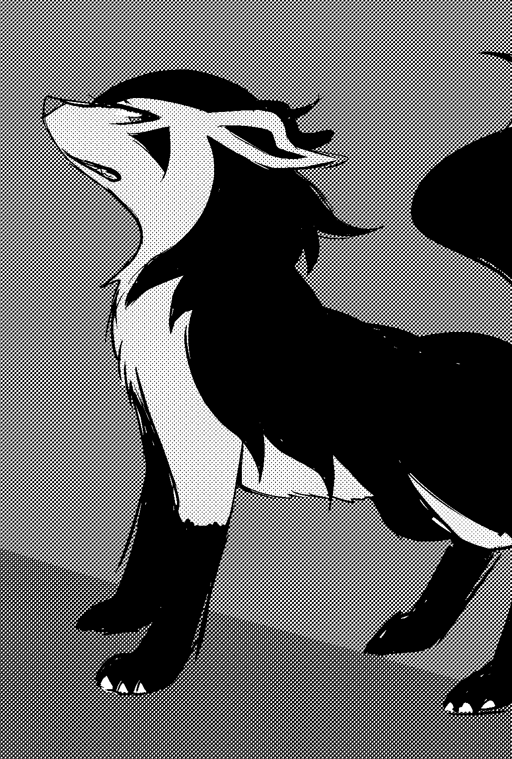 all_fours animal_ears claws clenched_teeth dog_ears dog_tail furry grey_background greyscale half-closed_eyes highres looking_back looking_to_the_side mightyena monochrome negoya no_humans paws pokemon pokemon_(creature) pokemon_rse sharp_teeth simple_background solo standig standing tail teeth two-tone_background