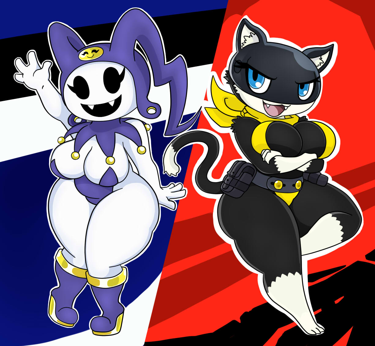 4_fingers anthro atlus beady_eyes big_breasts bikini black_background black_body black_eyes black_fur blue_background blue_clothing blue_eyes blue_footwear blue_hat blue_headwear blue_leotard blue_shoes breasts clothing crossed_arms crossgender dipstick_limbs dipstick_tail domestic_cat duo elemental_creature elemental_humanoid eyelashes fangs felid feline felis female fingers footwear fur hat headgear headwear humanoid jack_frost_(megami_tensei) leotard mammal markings megami_tensei megami_tensei_persona mineral_fauna mineral_humanoid morgana_(persona) open_mouth open_smile pouches raised_arm red_background scarf sega shoes simple_background slightly_chubby smile snow snow_creature snow_humanoid swimwear tail tail_markings teeth thick_thighs urusee584 white_background white_body white_fur wide_hips yellow_bikini yellow_clothing yellow_scarf yellow_swimwear