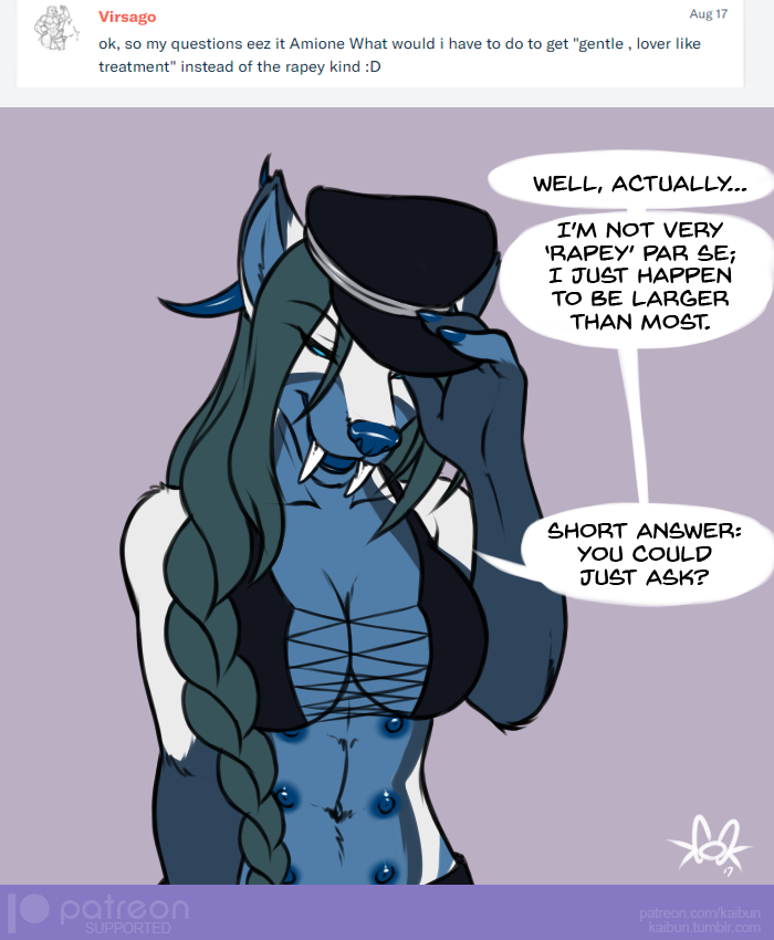 2017 amione anthro ask_blog blue_nipples braided_hair breasts cleavage clothed clothing dialogue fangs female furball green_hair hair half-closed_eyes hat inner_ear_fluff kwuff long_hair multi_nipple navel nipples simple_background skimpy solo translucent_hair