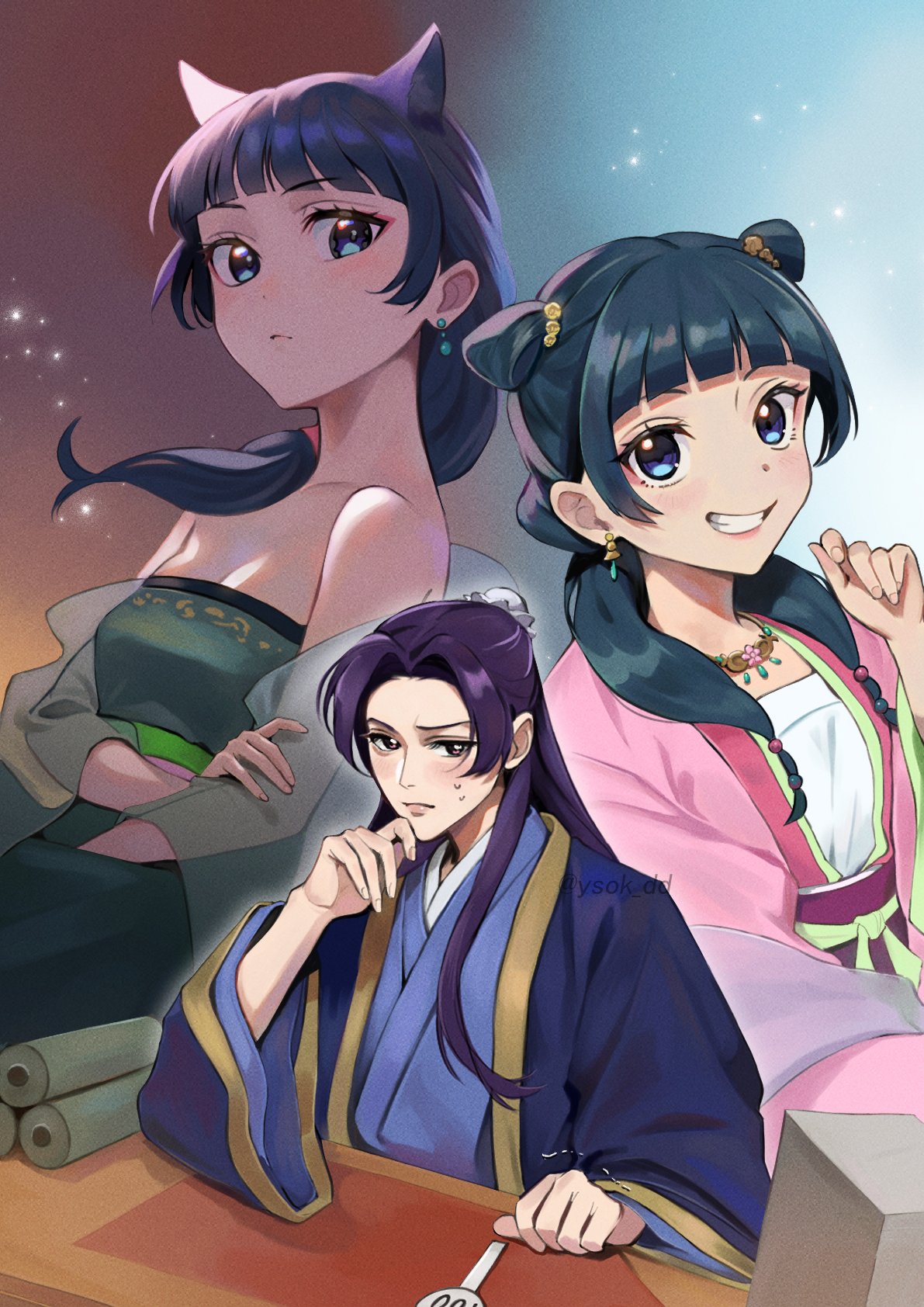 1boy 1girl bare_arms bare_shoulders beads black_hair blue_background blue_coat blue_eyes blunt_bangs blush breasts bun_cover chinese_clothes cleavage closed_mouth coat collarbone commentary double_bun dress earrings eyeshadow fingernails flower gradient_background green_shawl grin hair_beads hair_bun hair_flower hair_horns hair_ornament hair_over_shoulder half_updo hand_on_own_chin hanfu highres jewelry jinshi_(kusuriya_no_hitorigoto) kusuriya_no_hitorigoto layered_sleeves long_hair long_sleeves looking_at_viewer low-tied_long_hair low_ponytail makeup maomao_(kusuriya_no_hitorigoto) medium_breasts multi-tied_hair multiple_views necklace off-shoulder_dress off_shoulder pink_coat purple_hair red_background sash scroll see-through_shawl serious shawl sidelighting sidelocks simple_background single_hair_bun sleeveless sleeveless_dress smile sweat table trembling twitter_username upper_body wide_sleeves ysok