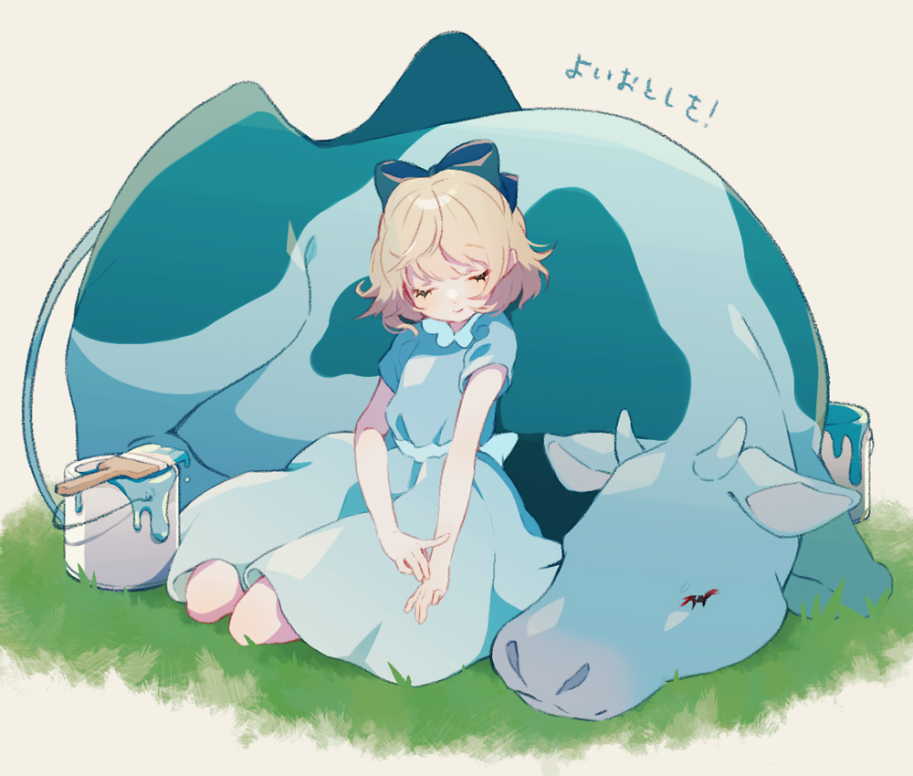 1girl animal blonde_hair blue_bow blue_dress bow closed_mouth commentary cow dress eyelashes mother_(game) mother_2 paint_can paintbrush paula_(mother_2) shifumame short_hair short_sleeves sleeping sleeping_upright smile solo translation_request trim_brush waist_bow