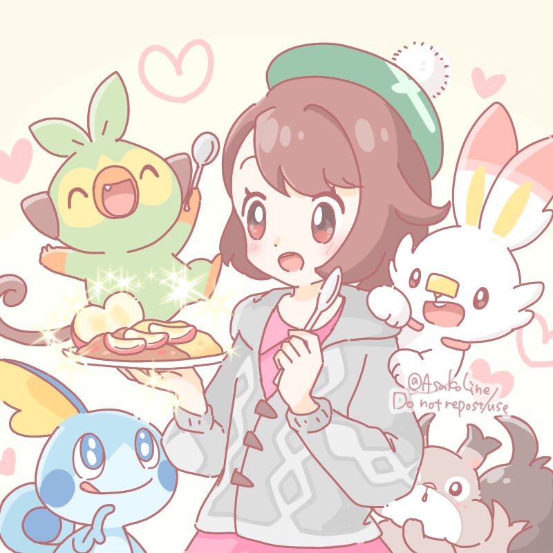 1girl apple apple_slice artist_name asakoline beret black_eyes brown_hair closed_eyes commentary_request curry fang food fried_egg fruit gloria_(pokemon) grey_sweater grookey happy hat holding holding_plate holding_spoon monkey open_mouth pink_shirt plate pokemon pokemon_(creature) pokemon_swsh rabbit scorbunny shirt short_hair skwovet smile sobble spoon sweater tail teeth tongue tongue_out twitter_username upper_teeth_only white_background white_fur