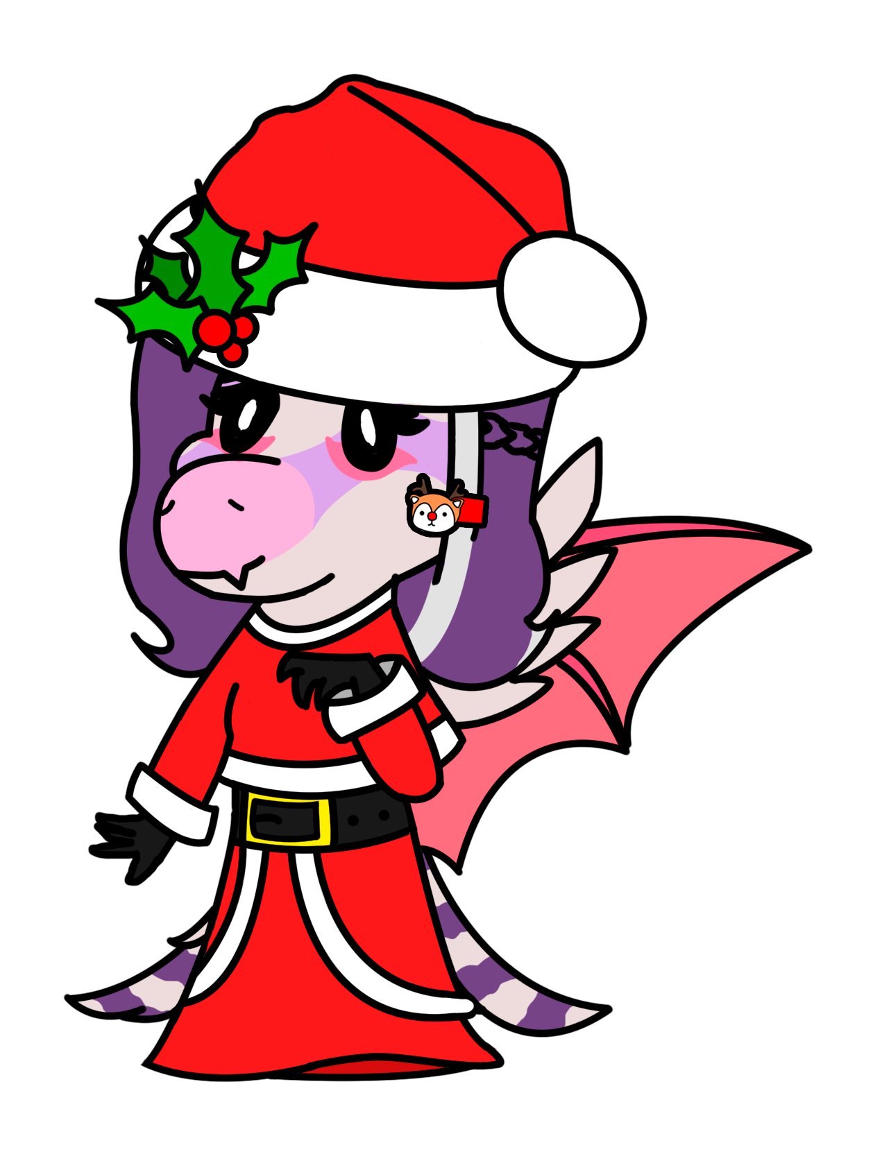 anthro azura_(sincabeza) blaze_(marking) christmas christmas_clothing christmas_headwear clothing colored facial_markings fan_character feathers female fur_trim_(clothing) garavakarian hair hand_puppet hat head_markings headgear headwear hi_res holidays holly_(plant) markings membrane_(anatomy) membranous_wings pink_body plant pterosaur puppet purple_hair red_clothing reptile santa_hat scalie simple_background smile snoot_game snout solo tail_feathers wings