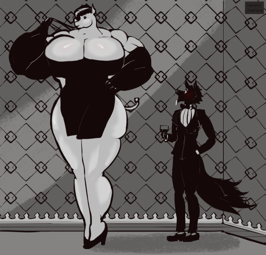 anthro big_muscles black_and_white canid canine canis clothing female footwear high_heels horatio_svetlana huge_muscles hyper hyper_muscles inside larger_anthro larger_female male male/female mammal monochrome muscular muscular_female rhinoceros size_difference smaller_anthro smaller_male wolf