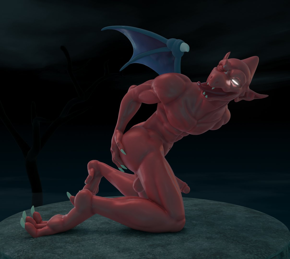 3d_(artwork) anus balls blender_(software) bodily_fluids butt capcom cum cum_on_face demon demon's_crest digital_media_(artwork) erection fangs feet firebrand gargoyle gargoyle's_quest genital_fluids genitals glowing glowing_eyes hand_on_butt humanoid_genitalia humanoid_penis humanoid_pointy_ears male membrane_(anatomy) membranous_wings nude one_eye_closed penis presenting presenting_hindquarters red_arremer red_body see-saw solo spread_butt spreading teeth tongue tongue_out wings