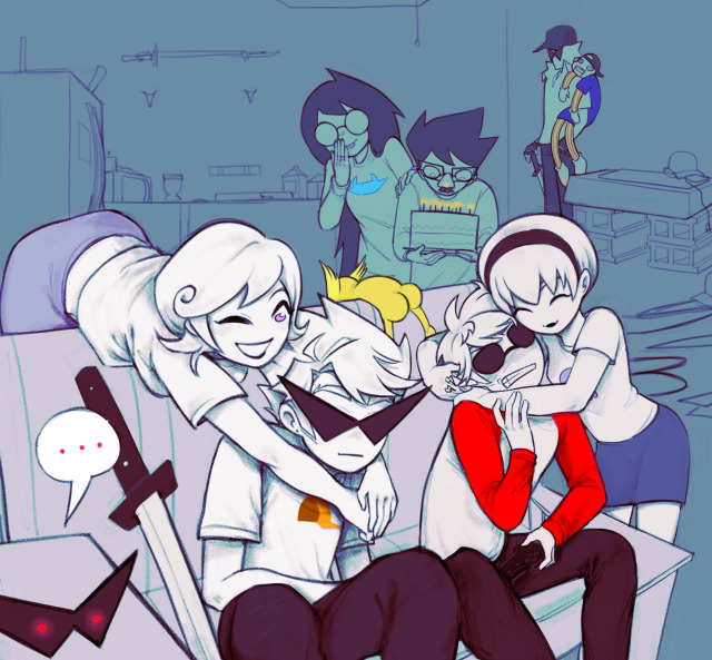 3girls 4boys bro_strider dave_strider dirk_strider homestuck jade_harley john_egbert katana lil_cal multiple_boys multiple_girls non-web_source rose_lalonde roxy_lalonde sword vintagegamebro weapon