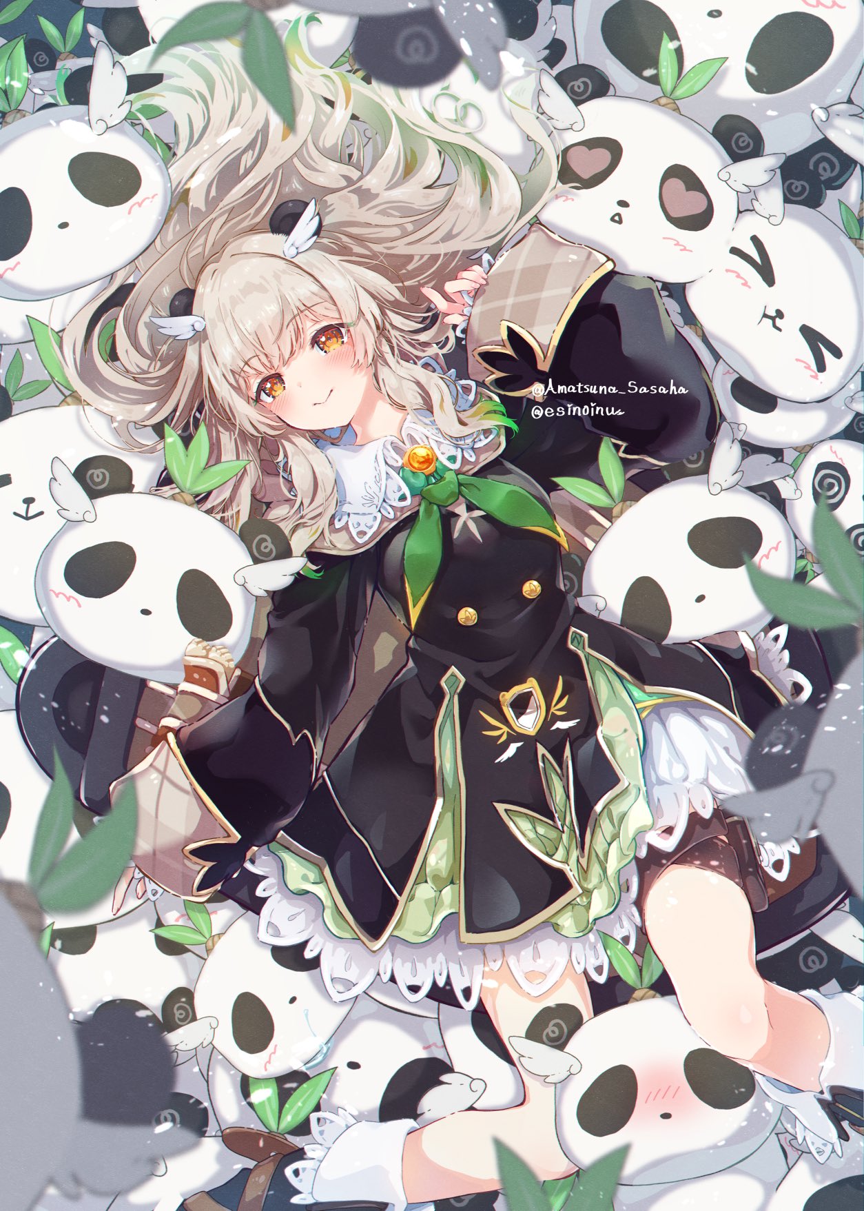 1girl amatsuna_sasaha animal_ears between_legs blush breasts brown_eyes closed_mouth commentary_request esinoinu feather_hair_ornament feathers hair_ornament highres indie_virtual_youtuber light_brown_hair long_hair looking_at_viewer medium_breasts panda panda_ears smile solo twitter_username virtual_youtuber