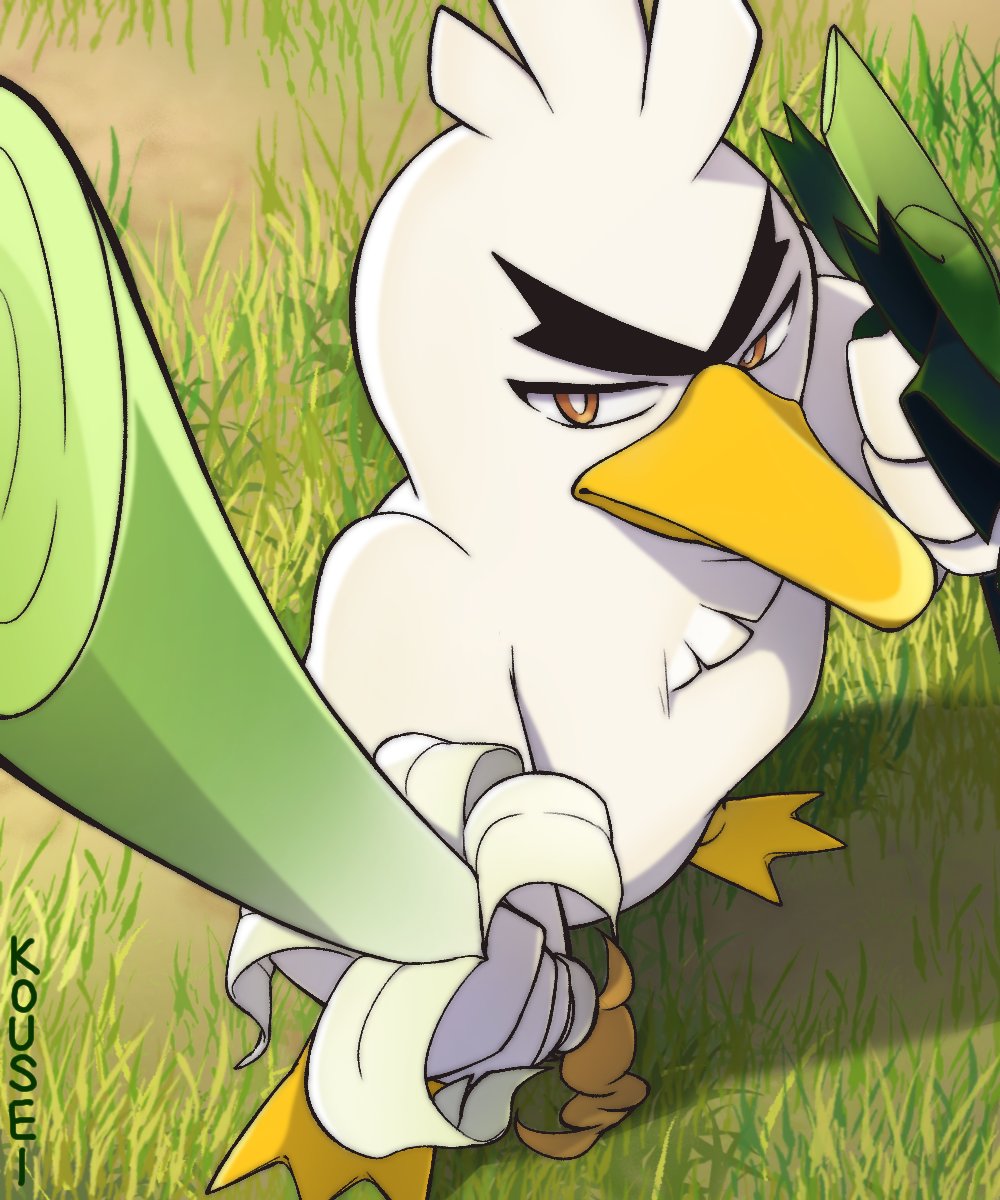 beak bird brown_eyes grass highres holding holding_shield holding_weapon kusuriya looking_at_viewer no_humans pokemon pokemon_(creature) shield signature sirfetch'd solo spring_onion standing thick_eyebrows weapon