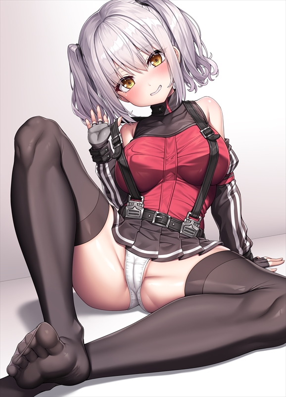 1girl bare_shoulders belorta_(nikke) belt black_belt black_gloves black_thighhighs blush breasts cameltoe commentary covered_collarbone covered_nipples detached_sleeves dorsiflexion feet fingerless_gloves foot_out_of_frame gloves goddess_of_victory:_nikke grey_gloves grey_hair grin groin_tendon hand_up knee_up lambda_(kusowarota) large_breasts legs long_hair long_sleeves looking_at_viewer no_shoes pleated_skirt red_shirt shirt sidelocks sitting skirt smile solo spread_legs suspenders thighhighs thighs toes twintails yellow_eyes