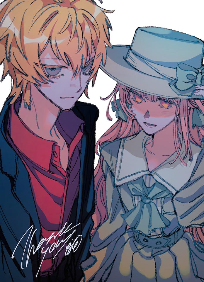 1boy 1girl aqua_ascot aqua_belt aqua_bow aqua_headwear aqua_ribbon aqua_shirt aqua_skirt ascot belt black_jacket blonde_hair bow close-up closed_mouth collared_shirt commentary_request commission cowboy_shot grey_eyes hair_between_eyes hair_ribbon hat hat_bow jacket jpeg_artifacts long_hair long_sleeves looking_at_viewer naotin3333 open_collar open_mouth orange_eyes original pink_eyes pink_hair pleated_skirt red_shirt ribbon sailor_collar shirt short_hair signature simple_background skeb_commission skirt staring thank_you white_background white_sailor_collar