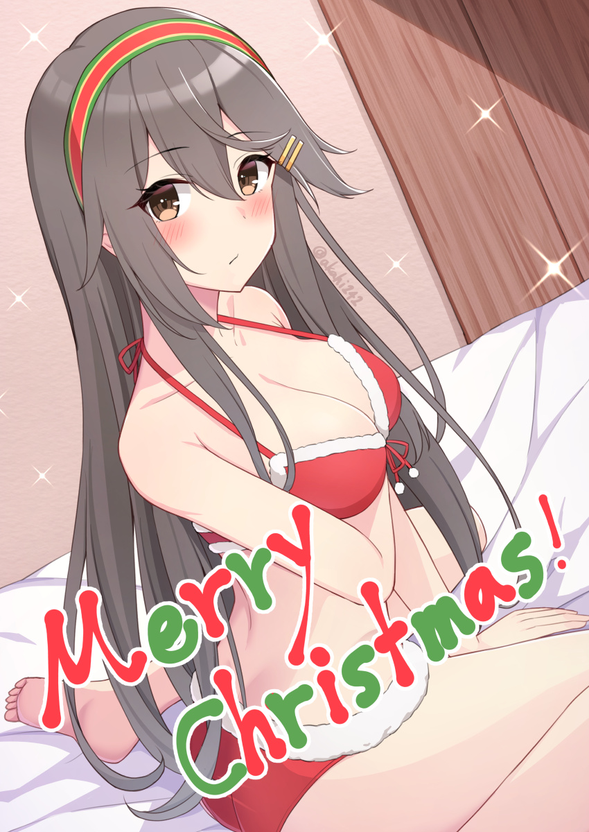 1girl akahi242 barefoot bikini breasts brown_eyes cleavage from_side grey_hair hair_ornament hairband hairclip haruna_(kancolle) highres kantai_collection large_breasts long_hair looking_at_viewer merry_christmas red_bikini red_hairband sitting solo swimsuit twitter_username wariza