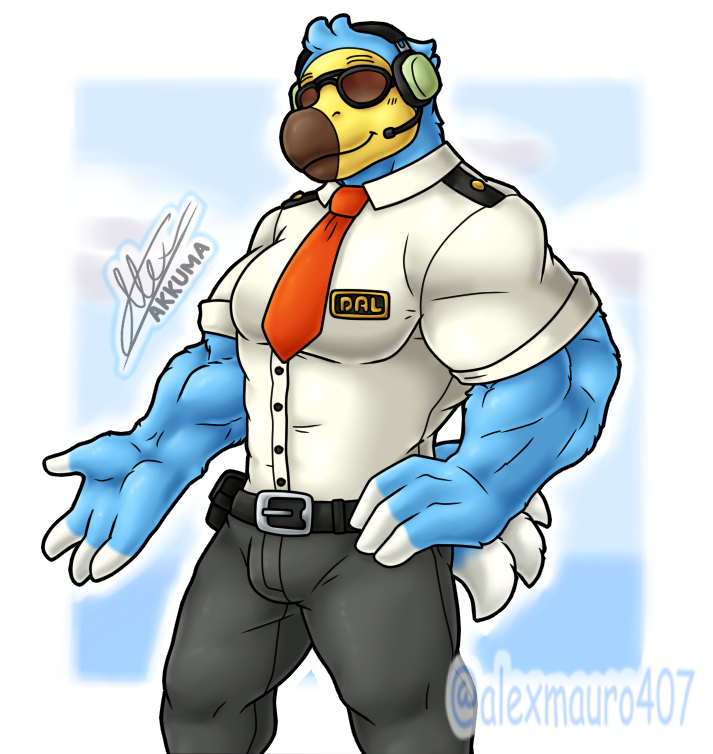 2021 4_fingers akkuma407 animal_crossing anthro artist_name avian aviator_glasses beak belt bird black_bottomwear black_clothing black_pants blue_body blue_feathers bottomwear brown_beak bulge clothing columbid company_name digital_media_(artwork) dodo dodo_airlines_(animal_crossing) dress_shirt electronics eyewear feathers fingers hand_on_hip headgear headphones headset logo_on_shirt male muscular_arms necktie nintendo open_hand pants red_necktie rolled_up_sleeves shirt signature smile solo sunglasses tight_clothing topwear white_body white_clothing white_feathers white_shirt white_topwear wilbur_(animal_crossing)