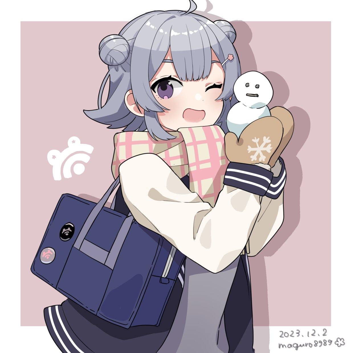 1girl ahoge bag binchou_maguro black_jacket blazer border brown_mittens cevio commentary dated double_bun drop_shadow flipped_hair grey_hair grey_sweater hair_bun hair_ornament hairclip hands_up highres holding_snowman jacket koharu_rikka long_sleeves looking_at_viewer mini_snowman mittens multicolored_clothes multicolored_jacket one_eye_closed open_clothes open_jacket outside_border pink_background pink_scarf plaid plaid_scarf purple_eyes scarf school_bag school_uniform short_hair shoulder_bag sidelocks simple_background solo sweater symbol-only_commentary synthesizer_v twitter_username two-tone_jacket two-tone_scarf upper_body white_border white_sleeves yellow_scarf