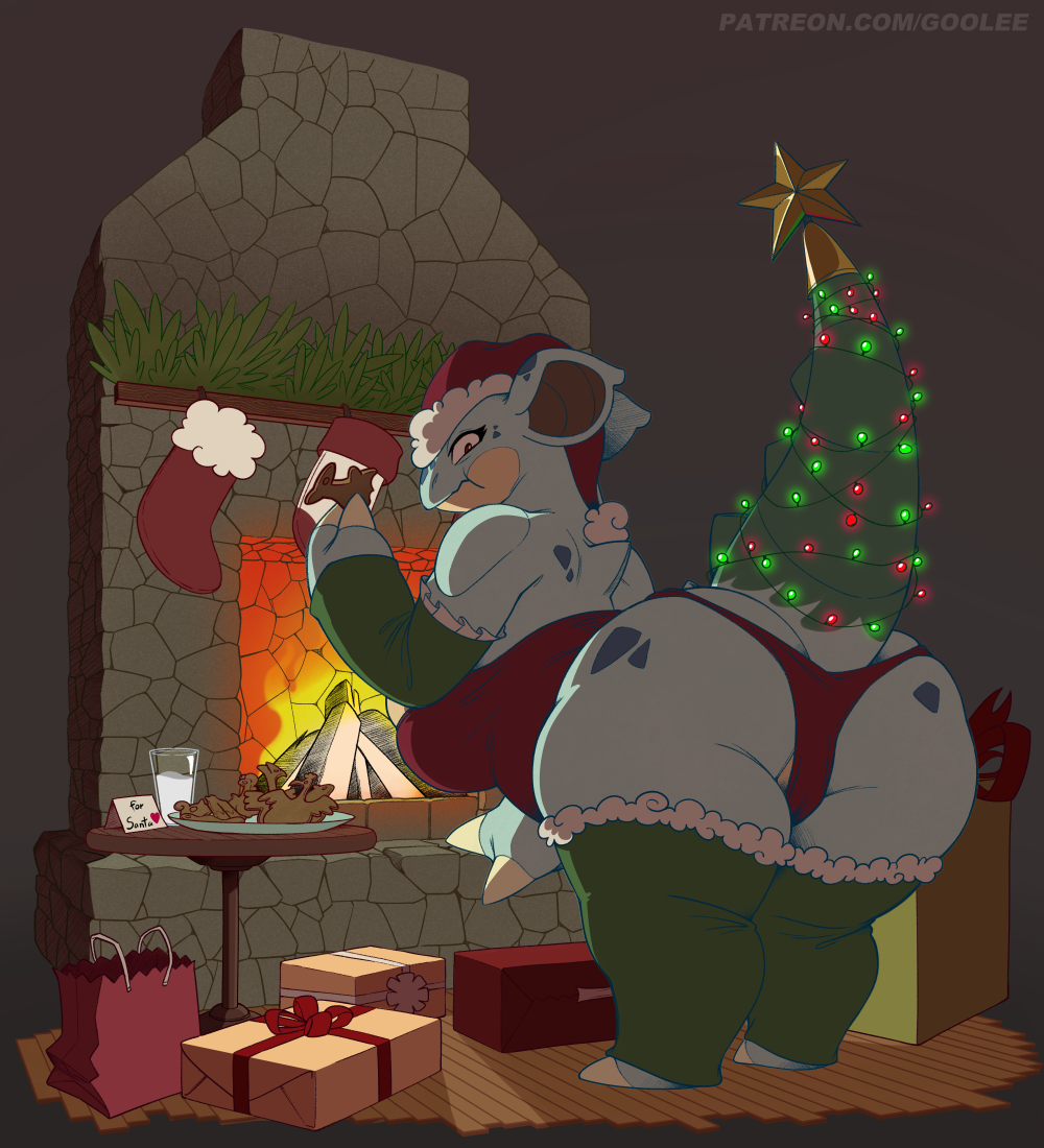 anthro biped blue_body breasts butt christmas clothed clothing detailed_background eating eating_food female generation_1_pokemon goolee holidays nidoqueen nintendo pokemon pokemon_(species) raised_tail solo tail