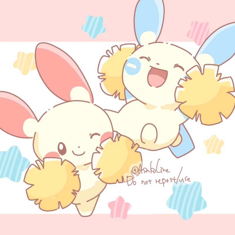animal_focus artist_name asakoline black_eyes commentary_request jumping minun no_humans one_eye_closed plusle pokemon pokemon_(creature) pom_pom_(cheerleading) red_background smile tail twitter_username two-tone_background white_background