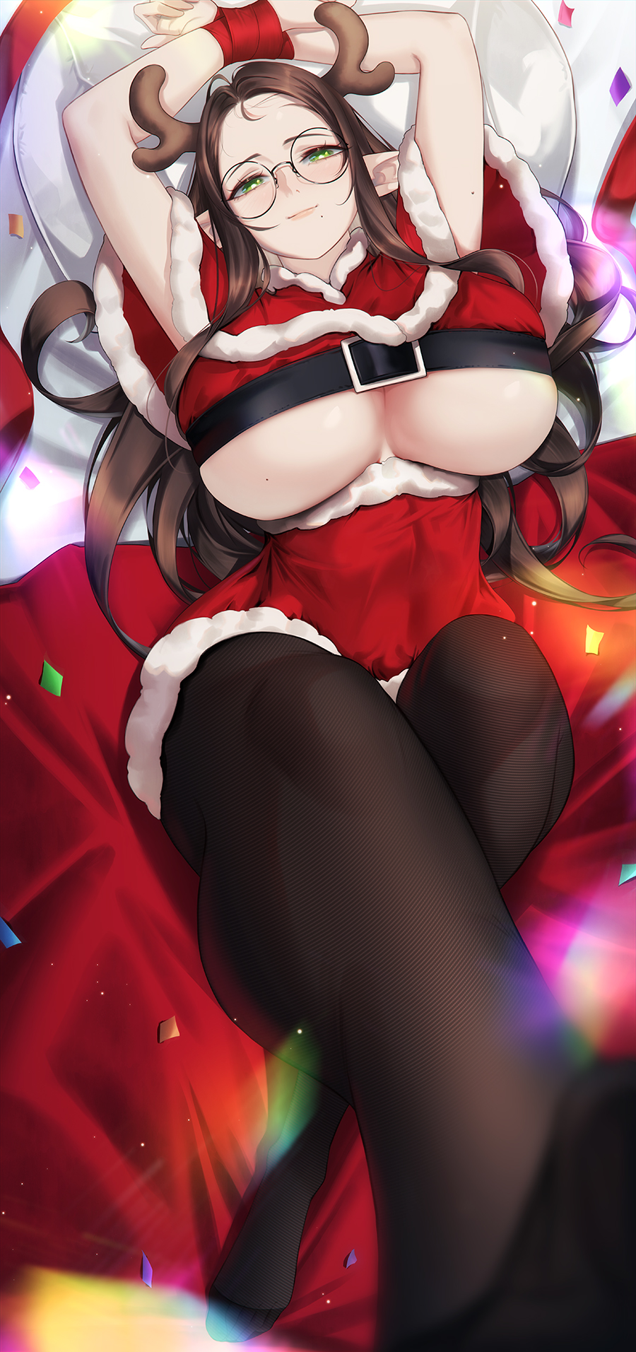 1girl antlers arms_up belt black_belt black_pantyhose blueorca blurry blurry_foreground bound bound_wrists breasts brown_hair capelet chest_belt christmas cleavage confetti crop_top elf feet foot_up fur-trimmed_capelet fur-trimmed_skirt fur_trim glasses green_eyes high-waist_skirt highres huge_breasts leg_up legs long_hair looking_at_viewer lying mole mole_on_arm mole_on_breast mole_under_mouth on_back on_bed original pantyhose parted_bangs pillow pointy_ears red_capelet red_ribbon red_skirt ribbon round_eyewear skirt smile solo underboob