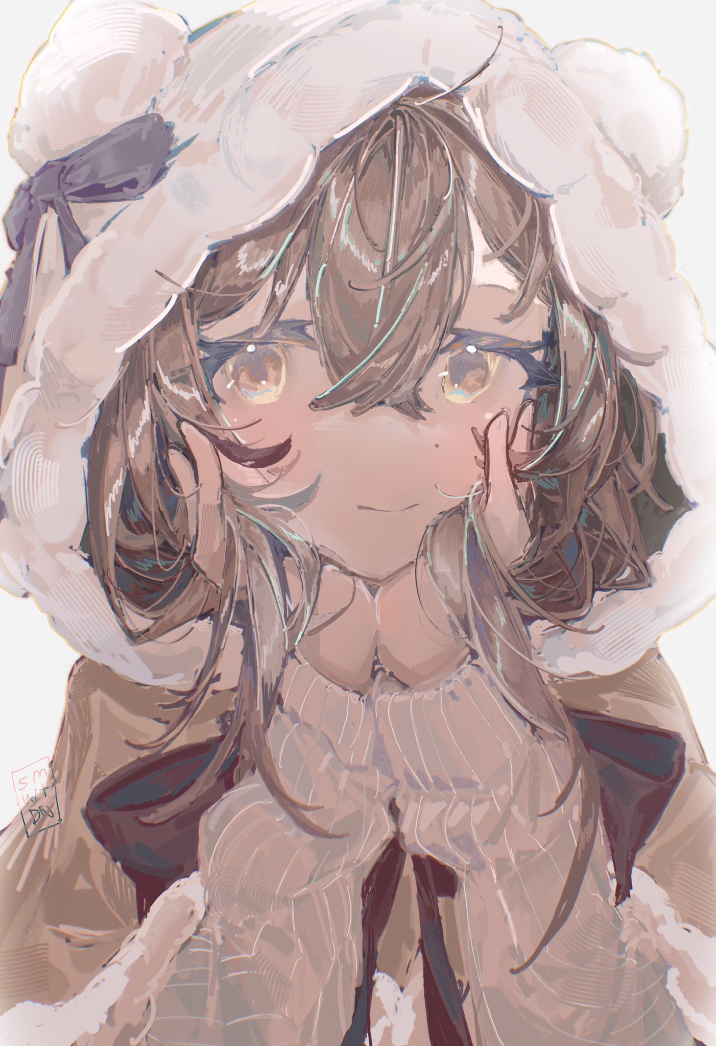 1girl bow brown_eyes brown_hair eyelashes head_rest highres hololive hololive_english hood hoodie long_hair long_sleeves looking_at_viewer messy_hair multicolored_hair nanashi_mumei nanashi_mumei_(3rd_costume) official_alternate_costume resting ribbon shirt simple_background smile solo somewhatdino streaked_hair sweater virtual_youtuber white_background white_hoodie