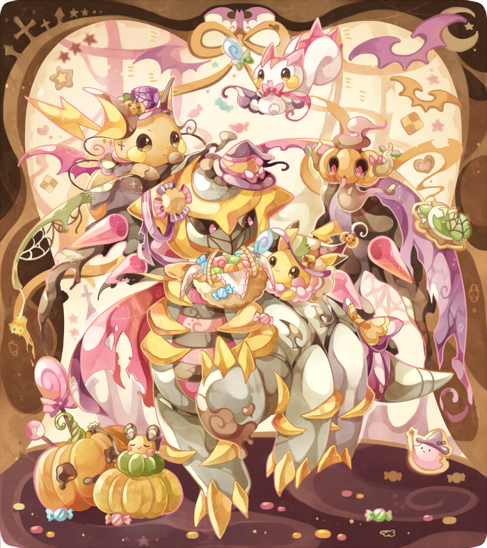 alternate_color animal_ears animal_focus black_sclera blush_stickers bow brown_background brown_eyes candy character_request checkerboard_cookie coco7 colored_sclera cookie crescent dedenne food ghost ghost_tail giratina halloween hat hat_bow heart-shaped_cookie holding holding_wand jack-o'-lantern joltik lightning_bolt_symbol looking_at_another mini_hat mini_witch_hat mouse_ears no_humans orange_ribbon pachirisu phantump pikachu pink_bow pokemon pokemon_(creature) pokemon_mystery_dungeon pumpkin purple_headwear raichu red_eyes ribbon shiny_pokemon squirrel_tail star_(symbol) swimsuit tail tombstone torterra wand witch_hat