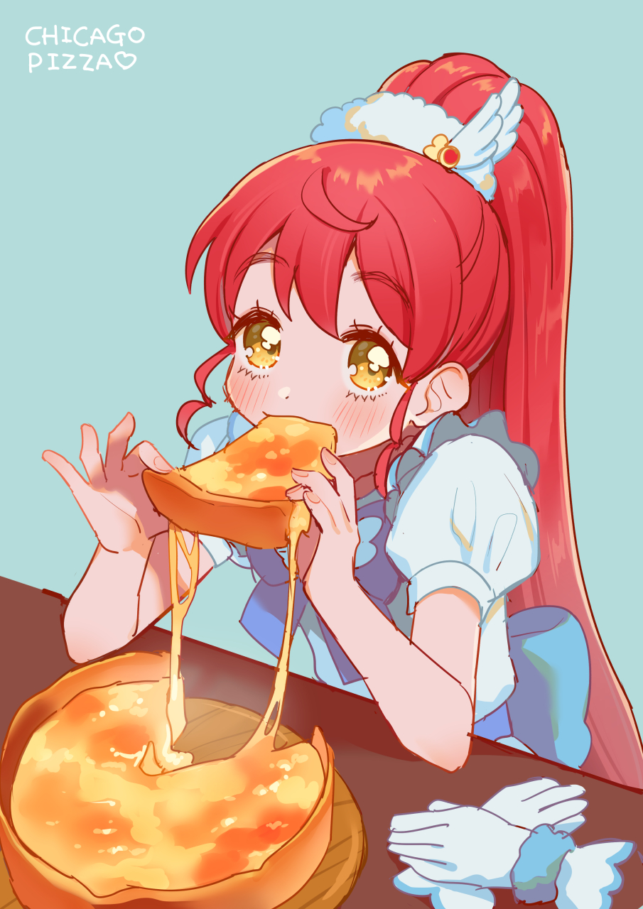 1girl blush chicago_deep_dish_pizza commentary_request eating elbows_on_table food gloves hands_up highres holding holding_food holding_pizza long_hair looking_at_viewer oshiri_(o4ritarou) pizza pizza_slice ponytail pretty_series pripara puffy_short_sleeves puffy_sleeves red_hair shiratama_mikan short_sleeves sitting solo steam unworn_gloves upper_body very_long_hair yellow_eyes