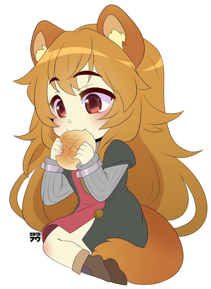 1girl :3 animal_ear_fluff animal_ears artypanda black_dress boots breasts brown_footwear brown_hair chibi child commission cuffs dress eating english_commentary food food_in_mouth full_body holding holding_food long_hair long_sleeves raccoon_ears raccoon_girl raccoon_tail raphtalia red_dress red_eyes side_slit sidelocks simple_background sitting small_breasts solo tail tate_no_yuusha_no_nariagari transparent_background two-tone_dress