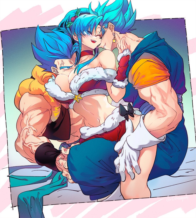 1girl 2boys abs anger_vein annoyed bare_arms bare_legs bare_shoulders bed between_breasts black_bow black_wristband blue_background blue_eyes blue_hair blue_pants blue_sash border bow boy_sandwich breasts brooch bulchi choker christmas cleavage commentary detached_sleeves dougi dragon_ball dragon_ball_super dragon_ball_super_broly dragon_ball_z earrings eyelashes fingernails frown fur-trimmed_skirt fur-trimmed_sleeves fur-trimmed_tube_top fur_trim gloves gogeta gradient_background green_background grey_background grin hair_ornament hand_on_another's_knee hand_on_another's_neck hand_on_another's_thigh hand_up head_between_breasts high_ponytail holly_hair_ornament jealous jewelry large_breasts long_eyelashes looking_at_another metamoran_vest midriff multiple_boys muscular muscular_male narrow_waist navel nuzzle obi ommmyoh on_bed one_eye_closed open_mouth orange_shirt pants potara_earrings red_choker red_skirt red_sleeves red_tube_top revealing_clothes sandwiched sash shirt side_slit sidelocks simple_background single_bang sitting sitting_on_lap sitting_on_person skirt smile spiked_hair star_brooch strapless super_saiyan super_saiyan_blue swept_bangs symbol-only_commentary teeth thick_thighs thighs tube_top undershirt upper_teeth_only vegetto veins veiny_arms waist_bow white_background white_border white_gloves wristband