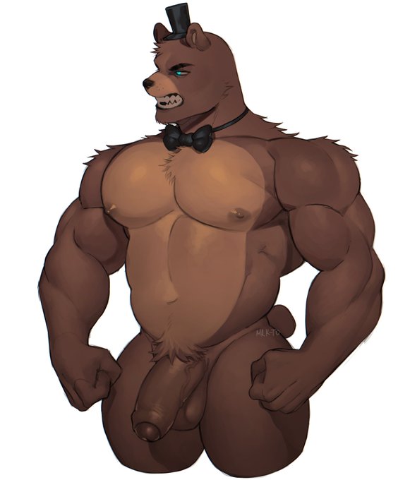 angry animatronic bear black_bowtie black_clothing black_hat black_headwear blue_eyes bow_tie clothing ears_up five_nights_at_freddy's freddy_(fnaf) fur genitals hat headgear headwear kato200_0 machine male mammal moobs muscular muscular_male penis robot scottgames simple_background snout solo tail teeth_showing vein white_background