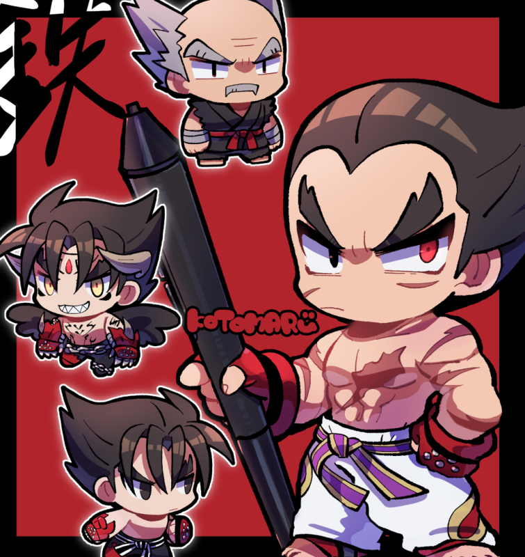 4boys balding black_border black_eyes black_hair black_pants black_wings border chain chest_tattoo chibi devil_jin facial_hair fingerless_gloves gloves grey_facial_hair grey_hair grey_horns heterochromia holding holding_stylus horns kazama_jin kotorai looking_ahead looking_at_viewer male_focus mishima_heihachi mishima_kazuya multiple_boys mustache old old_man oversized_object pants red_background red_eyes red_gloves scar scar_on_arm scar_on_chest scar_on_face sharp_teeth short_hair signature studded_gloves stylus tattoo teeth tekken topless_male translation_request white_pants wings yellow_eyes