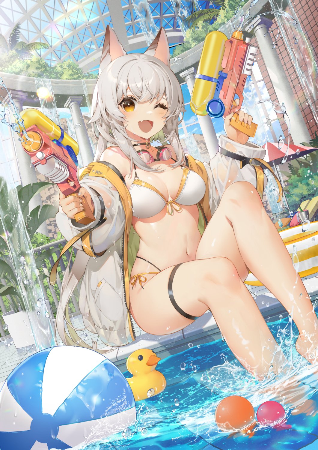 1girl akizone animal_ears ball beach_umbrella beachball bikini black_choker breasts brown_eyes choker crossed_bangs day dual_wielding fang fingernails front-tie_bikini_top front-tie_top goggles goggles_around_neck grey_hair hair_between_eyes highleg highleg_bikini highres holding innertube jacket knee_up large_breasts lens_flare light_blush long_hair looking_at_viewer multi-strapped_bikini_bottom nail_polish navel off_shoulder one_eye_closed open_clothes open_jacket open_mouth original palm_tree plant pool poolside potted_plant rubber_duck sitting skin_fang smile solo splashing stomach string_bikini sunlight swimsuit thigh_strap tree umbrella very_long_hair water water_gun waterpark wet_jacket white_bikini white_jacket white_nails