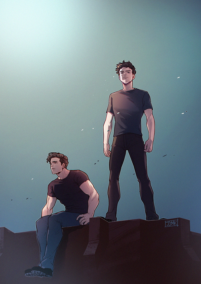 2boys age_difference batman_(series) black_footwear black_hair black_pants dc_comics denim dick_grayson full_body jason_todd jeans jjmk-jjmk male_focus multiple_boys muscular muscular_male pants shirt simple_background sitting standing t-shirt toned toned_male