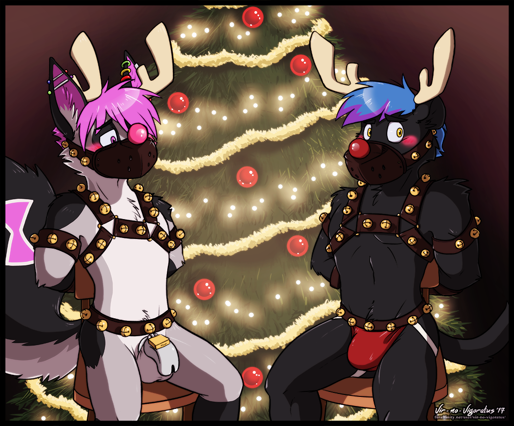 2017 anthro antlers arachnid arthropod artist_name balls barbell_piercing bdsm bell bell_harness belt black_body black_border black_fur blue_hair blush bondage border bound bulge canid canine cel_shading chair chair_bondage chastity_cage chastity_device christmas christmas_lights christmas_ornament christmas_tree clothing darkwraith digital_media_(artwork) duo ear_piercing embarrassed felid feline_tail fluffy fluffy_tail fox front_view fur furniture garland genitals gradient_background hair hands_behind_back harness holidays horn hybrid inside jockstrap lock looking_aside looking_down male mammal mostly_nude muzzle_(object) muzzled on_chair padlock pantherine piercing pink_eyes pink_hair plant rainbow_piercings restrained_arms ring_piercing rope shaded signature simple_background sitting slim_male slimmy_spidox spider submissive submissive_male tail tan_body tan_fur text tree underwear url vir-no-vigoratus wood wood_chair wood_furniture worried_look yellow_eyes